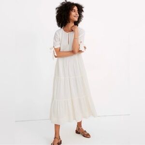 Madewell Women's Cream Swiss Dot Tiered Midi Dress with Tie Sleeves